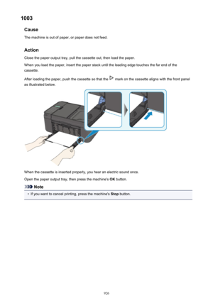 Page 9261003Cause
The machine is out of paper, or paper does not feed.
Action Close the paper output tray, pull the cassette out, then load the paper.When you load the paper, insert the paper stack until the leading edge touches the far end of the cassette.
After loading the paper, push the cassette so that the 
 mark on the cassette aligns with the front panel
as illustrated below.
When the cassette is inserted properly, you hear an electric sound once.
Open the paper output tray, then press the machine's...