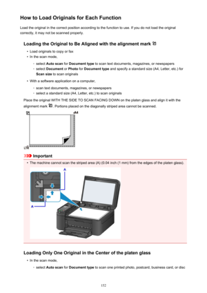 Page 152How to Load Originals for Each FunctionLoad the original in the correct position according to the function to use. If you do not load the original
correctly, it may not be scanned properly.
Loading the Original to Be Aligned with the alignment mark •
Load originals to copy or fax
•
In the scan mode,
◦
select  Auto scan  for Document type  to scan text documents, magazines, or newspapers
◦
select Document  or Photo  for Document type  and specify a standard size (A4, Letter, etc.) for
Scan size  to scan...
