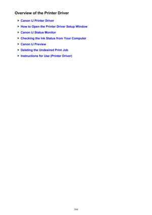 Page 394Overview of the Printer Driver
Canon IJ Printer Driver
How to Open the Printer Driver Setup Window
Canon IJ Status Monitor
Checking the Ink Status from Your Computer
Canon IJ Preview
Deleting the Undesired Print Job
Instructions for Use (Printer Driver)
394 