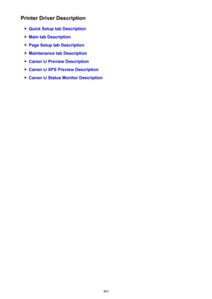 Page 403Printer Driver Description
Quick Setup tab Description
Main tab Description
Page Setup tab Description
Maintenance tab Description
Canon IJ Preview Description
Canon IJ XPS Preview Description
Canon IJ Status Monitor Description
403 