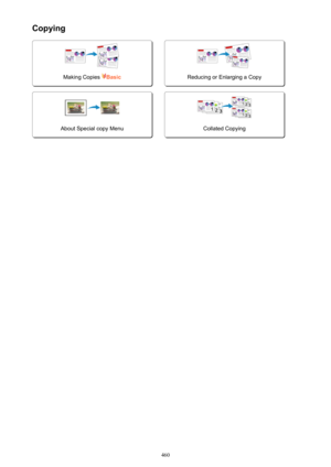 Page 460Copying
Making Copies Basic
 
Reducing or Enlarging a CopyAbout Special copy Menu
 
Collated Copying
460 