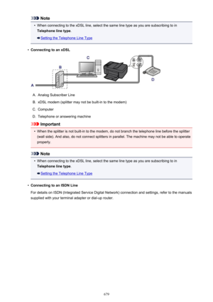 Page 679Note•
When connecting to the xDSL line, select the same line type as you are subscribing to in
Telephone line type .
Setting the Telephone Line Type
•
Connecting to an xDSL
A.
Analog Subscriber Line
B.
xDSL modem (splitter may not be built-in to the modem)
C.
Computer
D.
Telephone or answering machine
Important
•
When the splitter is not built-in to the modem, do not branch the telephone line before the splitter
(wall side). And also, do not connect splitters in parallel. The machine may not be able to...