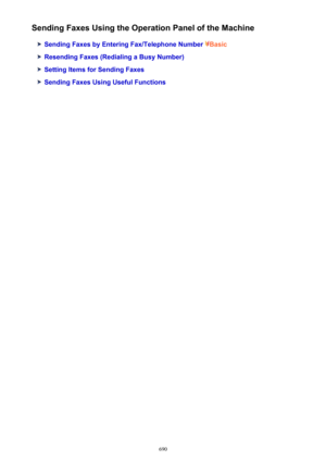 Page 690Sending Faxes Using the Operation Panel of the Machine
Sending Faxes by Entering Fax/Telephone Number Basic
Resending Faxes (Redialing a Busy Number)
Setting Items for Sending Faxes
Sending Faxes Using Useful Functions
690 