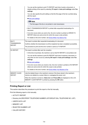 Page 758You can set the machine to print TX REPORT each time it sends a document, ordisable printing of the report by selecting  TX report in Auto print settings  under Fax
settings .
You can also specify the print setting so that the first page of the fax is printed along
with the report.
Auto print settings
Note
•
The first page of the fax is not printed in color transmission.
•
MULTI TRANSMISSION REPORT is printed after sequential broadcasting of a
document.
•
If an error occurs when you send a fax, the error...