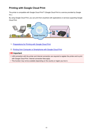 Page 83Printing with Google Cloud PrintThe printer is compatible with Google Cloud Print™ (Google Cloud Print is a service provided by GoogleInc.).
By using Google Cloud Print, you can print from anywhere with applications or services supporting Google
Cloud Print.1.
Preparations for Printing with Google Cloud Print
2.
Printing from Computer or Smartphone with Google Cloud Print
Important
•
LAN connection with the printer and Internet connection are required to register the printer and to print
with Google...