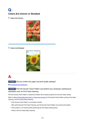 Page 838Colors Are Uneven or Streaked
 Colors Are Uneven
 Colors Are Streaked
Check1 Did you confirm the paper and print quality settings?
Print Results Not Satisfactory
Check2 Print the Nozzle Check Pattern and perform any necessary maintenance
operations such as Print Head Cleaning.
Print the Nozzle Check Pattern to determine whether the ink ejects properly from the print head nozzles.Refer to 
When Printing Becomes Faint or Colors Are Incorrect  for the Nozzle Check Pattern printing, Print Head
Cleaning, and...