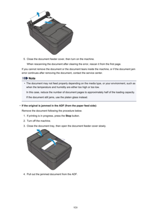 Page 9205.
Close the document feeder cover, then turn on the machine.When rescanning the document after clearing the error, rescan it from the first page.
If you cannot remove the document or the document tears inside the machine, or if the document jam error continues after removing the document, contact the service center.
Note
•
The document may not feed properly depending on the media type, or your environment, such aswhen the temperature and humidity are either too high or too low.
In this case, reduce the...