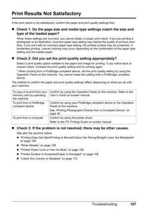 Page 111107
Troubleshooting
Print Results Not Satisfactory
If the print result is not satisfactory, confirm the paper and print quality settings first.
z Check 1: Do the page size and media type settings match the size and 
type of the loaded paper?
When these settings are incorrect,  you cannot obtain a proper print result. If you are printing a 
photograph or an illustration, incorrect paper type  setting may reduce the quality of printout color. 
Also, if you print with an incorrect paper type  setting, the...