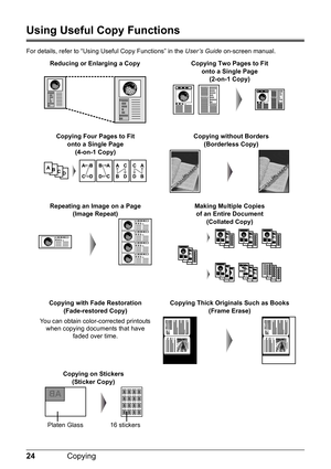 Page 2824Copying
Using Useful Copy Functions
For details, refer to “Using Useful Copy Functions” in the User’s Guide on-screen manual.
Reducing or Enlarging a Copy
Copying on Stickers 
(Sticker Copy)Copying without Borders 
(Borderless Copy)
Repeating an Image on a Page 
(Image Repeat)
Copying Thick Originals Such as Books 
(Frame Erase)
Platen Glass 16 stickersCopying Two Pages to Fit 
onto a Single Page 
(2-on-1 Copy)
Copying Four Pages to Fit 
onto a Single Page 
(4-on-1 Copy)
Making Multiple Copies
of an...