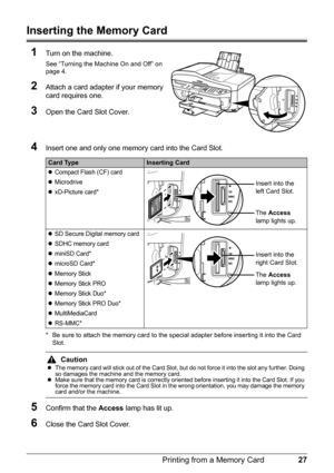 Page 3127
Printing from a Memory Card
Inserting the Memory Card
1
Turn on the machine.
See “Turning the Machine On and Off” on 
page 4.
2Attach a card adapter if your memory 
card requires one.
3Open the Card Slot Cover.
4Insert one and only one memory card into the Card Slot.
* Be sure to attach the memory card to the special adapter before inserting it into the Card  Slot.
5Confirm that the  Access lamp has lit up.
6Close the Card Slot Cover.
Card TypeInserting Card
zCompact Flash (CF) card
zMicrodrive...