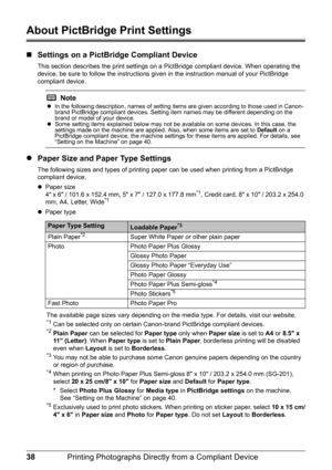 Page 4238Printing Photographs Directl y from a Compliant Device
About PictBridge Print Settings
„Settings on a PictBridge Compliant Device
This section describes the print settings on a  PictBridge compliant device. When operating the 
device, be sure to follow the instructions giv en in the instruction manual of your PictBridge 
compliant device.
z Paper Size and Paper Type Settings
The following sizes and types of printing paper  can be used when printing from a PictBridge 
compliant device.
z Paper size
4 x...