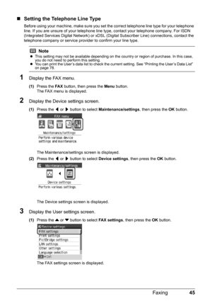 Page 4945
Faxing
„ Setting the Telephone Line Type
Before using your machine, make sure you se t the correct telephone line type for your telephone 
line. If you are unsure of your telephone line ty pe, contact your telephone company. For ISDN 
(Integrated Services Digital Network) or xDSL  (Digital Subscriber Line) connections, contact the 
telephone company or service provi der to confirm your line type.
1Display the FAX menu.
(1)Press the  FA X button, then press the  Menu button.
The FAX menu is displayed....