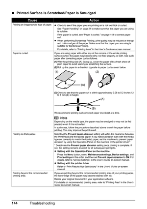 Page 148144Troubleshooting
„Printed Surface Is Scratched/Paper Is Smudged
CauseAction
Printing on inappropriate type of paper.
zCheck to see if the paper you are printing on is not too thick or curled.
See “Paper Handling” on page 21 to make sure that the paper you are using 
is suitable.
If the paper is curled, see “Paper is curled.” on page 144 to correct paper 
curl.
z When performing Borderless Printing, print quality may be reduced at the top 
and bottom edges of the paper. Make sure that the paper you are...