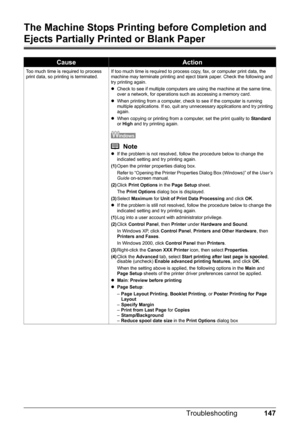 Page 151147 Troubleshooting
The Machine Stops Printing before Completion and 
Ejects Partially Printed or Blank Paper
CauseAction
Too much time is required to process 
print data, so printing is terminated.If too much time is required to process copy, fax, or computer print data, the 
machine may terminate printing and eject blank paper. Check the following and 
try printing again.
zCheck to see if multiple computers are using the machine at the same time, 
over a network, for operations such as accessing a...