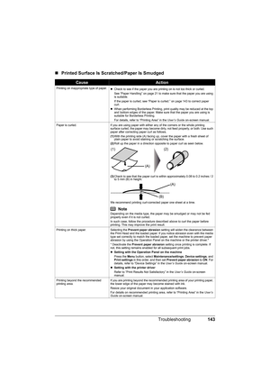 Page 147
143
Troubleshooting
„ Printed Surface Is Scratched/Paper Is Smudged
CauseAction
Printing on inappropriate type of paper.
zCheck to see if the paper you are printing on is not too thick or curled.
See “Paper Handling” on page 21 to make sure that the paper you are using 
is suitable.
If the paper is curled, see “Paper is curled.” on page 143 to correct paper 
curl.
z When performing Borderless Printing, print quality may be reduced at the top 
and bottom edges of the paper. Make sure that the paper you...