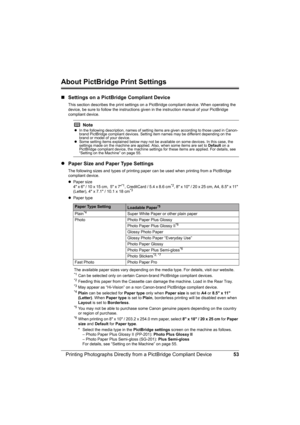 Page 57
53
Printing Photographs Directly from  a PictBridge Compliant Device
About PictBridge Print Settings
„Settings on a PictBridge Compliant Device
This section describes the print settings on a  PictBridge compliant device. When operating the 
device, be sure to follow the instructions giv en in the instruction manual of your PictBridge 
compliant device.
z Paper Size and Paper Type Settings
The following sizes and types of printing paper  can be used when printing from a PictBridge 
compliant device.
z...