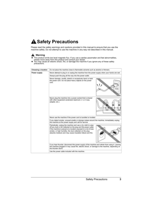 Page 73 Safety Precautions
Safety Precautions
Please read the safety warnings and cautions provided in this manual to ensure that you use the 
machine safely. Do not attempt to use the machine in any way not described in this manual.
Warning
zThis product emits low level magnetic flux. If you use a cardiac pacemaker and feel abnormalities, 
please move away from this product and consult your doctor.
zYou may cause an electric shock, fire, or damage the machine if you ignore any of these safety 
precautions....