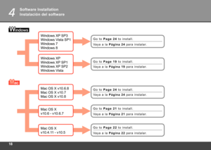 Page 20
4
Windows XP SP3 
Windows Vista SP1 
Windows 7 
Windows 8
Windows XP 
Windows XP SP1 
Windows XP SP2 
Windows Vista
Mac OS X v10.6.8 
Mac OS X v10.7 
Mac OS X v10.8
Mac OS X 
v10.6 - v10.6.7
Mac OS X 
v10.4.11 - v10.5
Instalación del software
Va y a   a   l a  P á g i n a   2 4   p a r a   i n s t a l a r.
Va y a   a   l a   P á g i n a   1 9   p a r a   i n s t a l a r.
Va y a   a   l a   P á g i n a   2 4   p a r a   i n s t a l a r.
Va y a   a   l a   P á g i n a   2 1   p a r a   i n s t a...