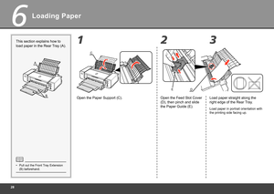 Page 30
6
1
C
B
A
23
ED
Loading Paper
Open the Paper Support (C).
This section explains how to 
load paper in the Rear Tray (A).
Pull out the Front Tray Extension 
(B) beforehand.
•
Open the Feed Slot Cover 
(D), then pinch and slide 
the Paper Guide (E). Load paper straight along the 
right edge of the Rear Tray.
Load paper in portrait orientation with 
the printing side facing up. 