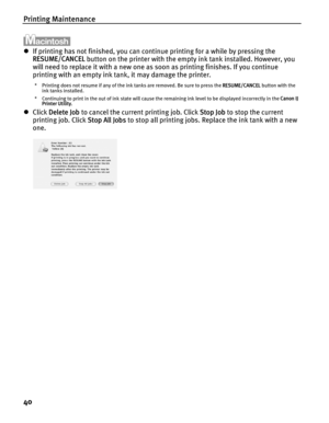 Page 44Printing Maintenance
40
zIf printing has not finished, you can continue printing for a while by pressing the 
RESUME/CANCEL button on the printer with the empty ink tank installed. However, you 
will need to replace it with a new one as soon as printing finishes. If you continue 
printing with an empty ink tank, it may damage the printer.
* Printing does not resume if any of the ink tanks are removed. Be sure to press the RESUME/CANCEL button with the 
ink tanks installed.
* Continuing to print in the...