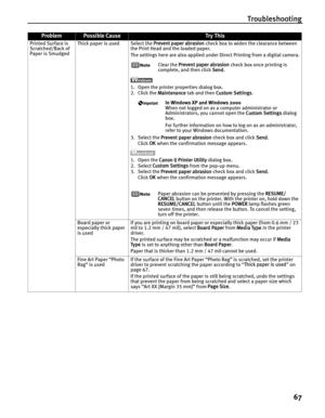 Page 71Troubleshooting67
Printed Surface is 
Scratched/Back of 
Paper is Smudged Thick paper is used Select the 
Prevent paper abrasion check box to widen the clearance between 
the Print Head and the loaded paper.
The settings here are also applied under Direct Printing from a digital camera.
Clear the  Prevent paper abrasion  check box once printing is 
complete, and then click  Send.
1. Open the printer properties dialog box.
2. Click the  Maintenance  tab and then  Custom Settings .
In Windows XP and...