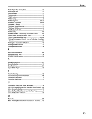 Page 97Index
93
Photo Paper Plus Semi-gloss........................................ 17
Photo Paper Pro ........................................................... 17
Photo Stickers ............................................................. 17
PhotoRecord ................................................................ 35
POWER button................................................................ 2
POWER lamp .................................................................. 2
Print dialog...