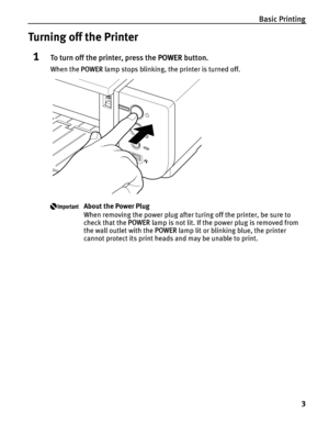 Page 7Basic Printing
3
Turning off the Printer
1To turn off the printer, press the POWER button.
When the POWER lamp stops blinking, the printer is turned off.
About the Power Plug
When removing the power plug after turing off the printer, be sure to 
check that the POWER lamp is not lit. If the power plug is removed from 
the wall outlet with the POWER lamp lit or blinking blue, the printer 
cannot protect its print heads and may be unable to print. 