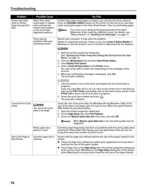 Page 78Troubleshooting
74
Printer Does Not 
Start or Printer 
Stops During Print 
JobsOther than Letter-
sized paper is loaded 
when printing the 
nozzle check pattern 
or the print head 
alignment patterns If other than Letter-sized paper is loaded, you cannot print these patterns. 
Press the 
RESUME/CANCEL  button on the printer to clear the error, and load 
Letter-sized plain paper in the Auto Sheet Feeder. Then try performing again.
If an error occurs while performing Automatic Print Head 
Alignment, there...