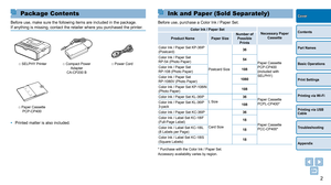 Page 2Package Contents
Before use, make sure the following items are included in the package.
If anything is missing, contact the retailer where you purchased the pri\
nter.
□ SELPHY Printer □ Compact Power Adapter
CA-CP200 B □ Power Cord
□ Paper Cassette  
PCP-CP400
• Printed matter is also included.
2
Contents
Part Names
Basic Operations
Print Settings
Printing via USB 
Cable
Troubleshooting
Appendix
Printing via Wi-Fi
CoverInk and Paper (Sold Separately)
Before use, purchase a Color Ink / Paper Set.
Color...