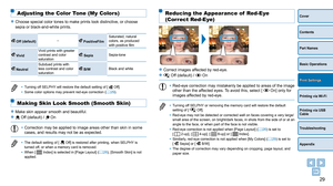 Page 2929
Cover
Contents
Part Names
Basic Operations
Printing via USB 
Cable
Troubleshooting
Appendix
Printing via Wi-Fi
Print Settings
Reducing the Appearance of  Red-Eye 
(Correct Red-Eye)
zzCorrect images affected by red-eye.
zz Off (default) /  On
• Red-eye correction may mistakenly be applied to areas of the image 
other than the affected eyes. To avoid this, select [  On] only for 
images affected by red-eye.
• Turning off SELPHY or removing the memory card will restore the default 
setting of [  Off].
•...