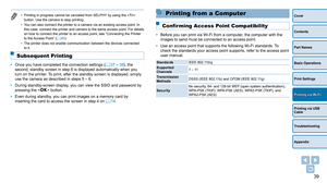 Page 3939
Cover
Contents
Part Names
Basic Operations
Print Settings
Printing via USB 
Cable
Troubleshooting
Appendix
Printing via Wi-Fi
• Printing in progress cannot be canceled from SELPHY by using the  
button. Use the camera to stop printing.
•
 
Y
 ou can also connect the printer to a camera via an existing access point. In 
this case, connect the printer and camera to the same access point. For details 
on how to connect the printer to an access point, see “Connecting the\
 Printer 
to the Access Point”...