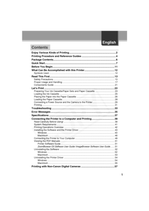 Page 2
1
ContentsEnglish
Enjoy Various Kinds of Printing ................................................................... 2
Printing Procedure and Referenc
e Guides ................................................. 4
Package Contents.......................................................................................... 6
Quick Start...................................................................................................... 7
Before You...