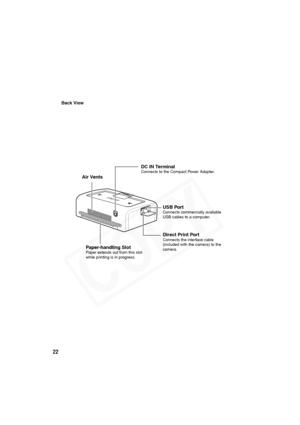 Page 23
22
Back View
USB PortConnects commercially available 
USB cables to a computer.
DC IN TerminalConnects to the Compact Power Adapter.
Paper-handling SlotPaper extends out from this slot 
while printing is in progress.
Direct Print PortConnects the interface cable 
(included with the camera) to the 
camera.
Air Vents  