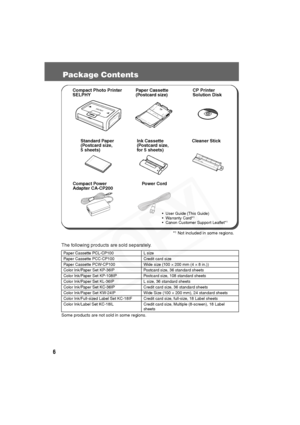 Page 7
6
Package Contents
The following products are sold separately.
Some products are not sold in some regions.
Paper Cassette PCL-CP100 L size
Paper Cassette PCC-CP100 Credit card size
Paper Cassette PCW-CP100 Wide size (100 × 200 mm (4 × 8 in.))
Color Ink/Paper Set KP-36IP Postcard size, 36 standard sheets
Color Ink/Paper Set KP-108IP Postcard size, 108 standard sheets
Color Ink/Paper Set KL-36IP L size, 36 standard sheets
Color Ink/Paper Set KC-36IP Credit card size, 36 standard sheets
Color Ink/Paper Set...