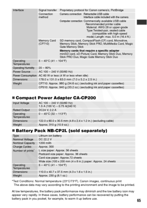 Page 67
65
„Compact Power Adapter CA-CP200
„Battery Pack NB-CP 2L (sold separately)
*Test Conditions: Normal temperature (23°C/73°F), Canon images, continuous print
The above data may vary according to the printing environment and the image to be printed.
At low temperatures, the battery pack performance may diminish and the low battery icon may 
appear very rapidly. In these cases, battery performance can be recovered by putting the 
battery pack in you pocket, for example, to warm it up before use....