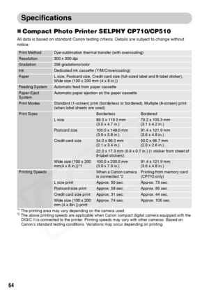 Page 66
64
Specifications
„Compact Photo Printer SELPHY CP710/CP510
All data is based on standard Canon testing criteria. Details are subject to change without 
notice. 
*1 The printing area may vary depending on the camera used.*2 The above printing speeds are applicable when Canon compact digital camera equipped with the 
DIGIC II is connected to the printer. Printing speeds may vary with other cameras. Based on 
Canons standard testing conditions. Variations may occur depending on printing.
Print...