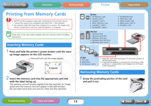 Page 13
13
Getting ReadyPrintingAppendices
Overview
Troubleshooting Tasks and Index
Next
Back
Return to Cover Page
Printing from Memory Cards
• SELPHY printers support image data conforming to the Design rule for 
Camera File system (Exif compliant ) and DPOF (Ver. 1.00) standard.
• Use memory cards that have been initialized in a camera. The images may  not be recognized on memory cards formatted in a computer. 
Please refer to the user guide included with your memory card for handling 
instructions.
1Press...