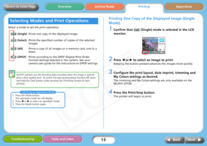 Page 15
15
Getting ReadyPrintingAppendices
Overview
Troubleshooting Tasks and Index
Next
Back
Return to Cover Page
Select a mode to set the print operation.
SELPHY printers use the shooting data recorded when the image is shot to 
print a finer quality print.  To switch this special processing function off, press 
and hold the Date button while pressing the Print/Stop button to start 
printing. 
Printing One Copy of the  Displayed Image (Single 
Mode)
1Confirm that   (Si ngle) mode is selected in the LCD...