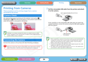 Page 24
24
Getting ReadyPrintingAppendices
Overview
Troubleshooting Tasks and Index
Next
Back
Return to Cover Page
Printing from Cameras
These procedures are for prin ting images from a camera 
connected to the printer. 
On cameras that support printing via this method, icons such as   
(PictBridge) or   (Direct Print) will appear on the camera’s LCD monitor 
when the camera is connected to the printer.
PictBridge is an industry  standard that allows any digital camera or video 
camera, regardless of the...