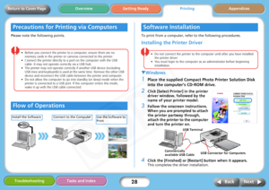 Page 28
28
Getting ReadyPrintingAppendices
Overview
Troubleshooting Tasks and Index
Next
Back
Return to Cover Page
Please note the following points. To print from a computer, refer to the following procedures.
Installing the Printer Driver
T Windows
1Place the supplied Compact Ph oto Printer Solution Disk 
into the computer’s CD-ROM drive.
2Click [Select Printer] in the printer 
driver window, followed by the 
name of your printer model.
3Follow the onscreen instructions. 
When you are prompted to attach 
the...