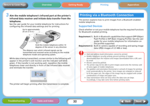 Page 32
32
Getting ReadyPrintingAppendices
Overview
Troubleshooting Tasks and Index
Next
Back
Return to Cover Page
3Aim the mobile telephone’s infrared port at the printer’s 
infrared data receiver and initiate data transfer from the 
telephone.
See the user guide for your mobile telephone for instructions for 
configuring the infrared data settings and for printing. 
While data is being transmitted, a screen similar to the following will 
appear in the printer’s LCD monitor and the indicator will blink 
green....