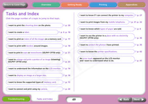 Page 49
49
Getting Ready Printing Appendices
Overview
Troubleshooting
Next
Back
Return to Cover Page
Tasks and Index
Click the page number of a t opic to jump to that topic.
I want to print the shooting date on the photo.Î p. 20
I want to create a  label.
Î p. 6 , p. 18
I want to print an  index of all the images  on a memory card. Î p. 17
I want to print with  borders around images.
Î p. 18
I want to print in  sepia or monochrome  (SELPHY CP750 only).Î p. 21
I want to  enlarge and print a portion of an image...