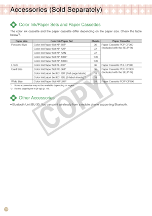 Page 20
0

Accessories (Sold Separately)
 Color Ink/Paper Sets and Paper Cassettes
The  color  ink  cassette  and  the  paper  cassette  differ  depending  on  the  paper  size.  Check  the  table below*1.
Paper sizeColor Ink/Paper SetSheetsPaper CassettePostcard SizeColor Ink/Paper Set KP-36IP36Paper Cassette PCP-CP300(Included with the SELPHY)Color Ink/Paper Set KP-72IP72
Color Ink/Paper Set KP-72IN72
Color Ink/Paper Set KP-108IP108
Color Ink/Paper Set KP-108IN108
L SizeColor Ink/Paper Set KL-36IP36Paper...