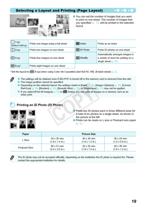 Page 20Selecting a Layout and Printing (Page Layout)
1
You can set the number of images that you want 
to print on one sheet. The number of images that 
you specified (p. 13) will be printed in the selected 
layout.
	1-up(Default setting)Prints	one	image	using	a	full	sheet	Index Prints	as	an	index
	2-up Prints two images on one sheet	ID	Photo Prints	ID	photos	on	one	sheet
	4-up Prints	four	images	on	one	sheet 
Shuffle  Automatically 	arranges	images	in	
a	variety	of	sizes	for	printing	on	a	
single	sheet...