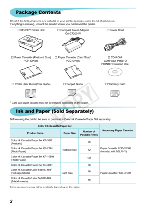 Page 3
Ink and Paper (Sold Separately)
Before using the printer, be sure to purchase a Color Ink Cassette/Paper Set separately.
Color Ink Cassette/Paper SetNecessary Paper Cassette
Product Name Paper SizeNumber of 
Possible Prints
Color Ink Cassette/Paper Set KP-36IP
(Postcard) 
Postcard	Size	36
Paper	Cassette	PCP-CP300
(Included with SELPHY)
Color Ink Cassette/Paper Set KP-72IN
(Photo Paper) 
72
Color Ink Cassette/Paper Set KP-108IN
(Photo Paper) 108
Color Ink Cassette/Paper Set KC-36IP 
Card	Size	36...