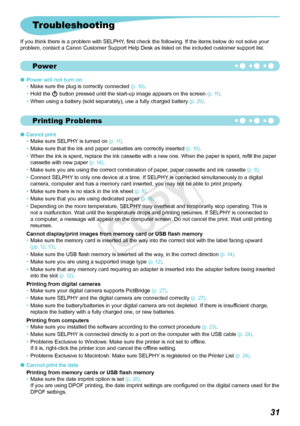 Page 32Power
Printing Problems
31
Troubleshooting
If you think there is a problem with SELPHY, first check the following. If the items below do not solve your 
problem, contact a Canon Customer Support Help Desk as listed on the included customer support list.Power will not turn onMake	sure	the	plug	is	correctly	connected	 (p. 10).
Hold

	the	 q button pressed until the start-up image appears on the screen 
(p. 11).
When using a battery (sold separately), use a fully charged battery  (p. 29).

•
•
•
Cannot...