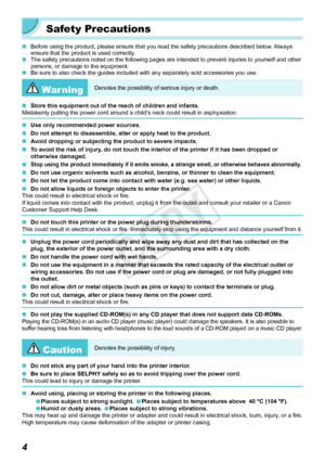 Page 44
Safety Precautions
 OBefore using the product, please ensure that you read the safety precaut\
ions described below. Always 
ensure that the product is used correctly.
 OThe safety precautions noted on the following pages are intended to prev\
ent injuries to yourself and other 
persons, or damage to the equipment.
 OBe sure to also check the guides included with any separately sold acces\
sories you use.
 WarningDenotes the possibility of serious injury or death.
 OStore this equipment out of the...