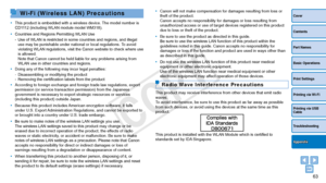 Page 6363
Cover
Contents
Part Names
Basic Operations
Print Settings
Printing via USB 
Cable
Troubleshooting
Printing via Wi-Fi
Appendix
Wi-Fi (Wireless LAN) Precautions
•	This product is embedded with a wireless device. The model number is 
CD1112 (including WLAN module model WM318).
•	 Countries and Regions Permitting WLAN Use
-
 Use of WLAN is restricted in some countries and regions, and illegal 
use may be punishable under national or local regulations. To avoid 
violating WLAN regulations, visit the Canon...