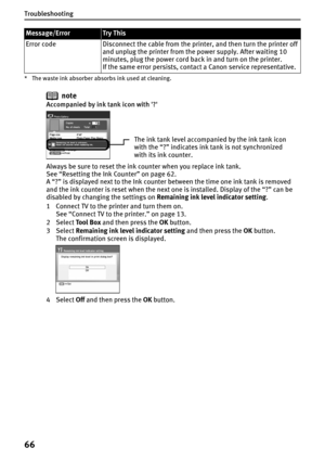 Page 68Troubleshooting
66
* The waste ink absorber absorbs ink used at cleaning.
note
Accompanied by ink tank icon with ?
Always be sure to reset the ink counter when you replace ink tank.
See “Resetting the Ink Counter” on page 62.
A “?” is displayed next to the Ink counter between the time one ink tank is removed 
and the ink counter is reset when the next one is installed. Display of the “?” can be 
disabled by changing the settings on Remaining ink level indicator setting.
1 Connect TV to the printer and...