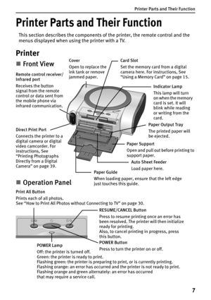 Page 9Printer Parts and Their Function
7
Printer Parts and Their Function
This section describes the components of the printer, the remote control and the 
menus displayed when using the printer with a TV.
Printer
Cover
Open to replace the 
ink tank or remove 
jammed paper.„Front View
Paper Support
Open and pull out before printing to 
support paper.
Paper Guide
When loading paper, ensure that the left edge 
just touches this guide.Paper Output Tray
The printed paper will 
be ejected. Card Slot
Set the memory...